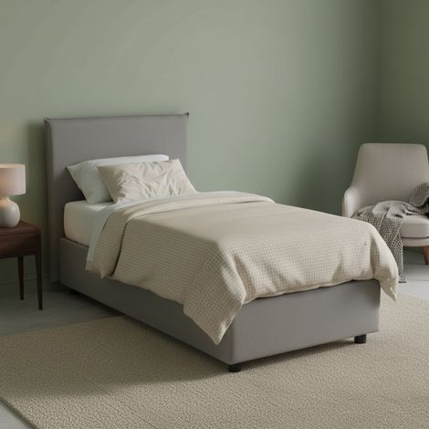 Dmora - Cama individual Dbaldo, Cama contenedor con revestimiento de tela, 100% Made in Italy, Apertura frontal, adecuado para colchón Cm 90x190, Gris (1/5)