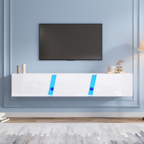 Meuble tv mural 180 x 35 x 30 cm blanc brillant avec led, 3 portes, meuble suspendu pour écran jusqu’à 75 pouces (1/5)