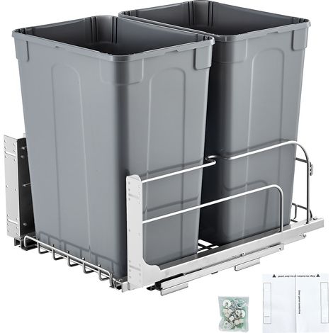 VEVOR Poubelle Coulissante sous Evier et sous Plan 2x32,8 L, Collecteur de Dechets avec Systeme Coulissant en Metal a Fermeture Douce, Systeme de Tri Selectif Placard Meuble Bas, Cuisine, Gris