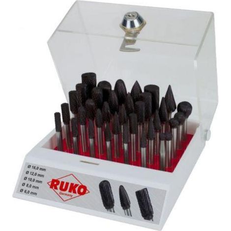 RUKO 116008TC SURTIDO DE 35 FRESAS DE METAL DURO TICN CON VÁSTAGO DE 6 MM EN VITRINA DE PLÁSTICO
