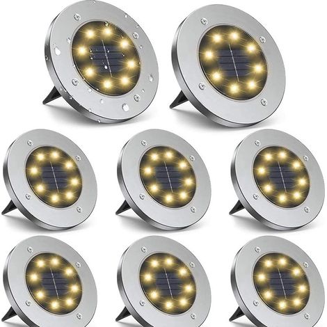 Juego de 8 luces solares empotrables para jardín, 8 focos LED, luz blanca cálida de 3000 K, resistentes al agua (IP65), ideales para caminos, patios, césped, jardines y pasarelas. (1/5)