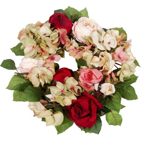 Ghirlanda di ortensie e rose nei toni del bordeaux e del rosa, 20 cm