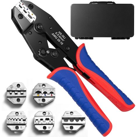 Pince à Sertir Kit, pince à cliquet pour gaines thermorétractables, nylon isolé, non isolé, embouts à bague, cosses à corps ouvert, connecteurs solaires - avec 6 matrices interchangeables (1/5)
