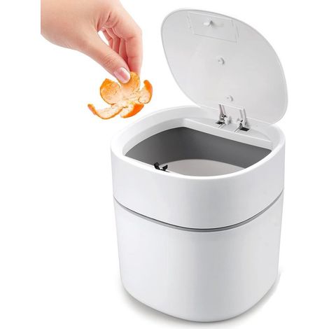 Poubelle de bureau - Petite poubelle pour le plan de travail de la cuisine - Petite poubelle avec couvercle en plastique - Avec couvercle - Bouton-poussoir - Convient pour un bureau - Blanche (1/5)