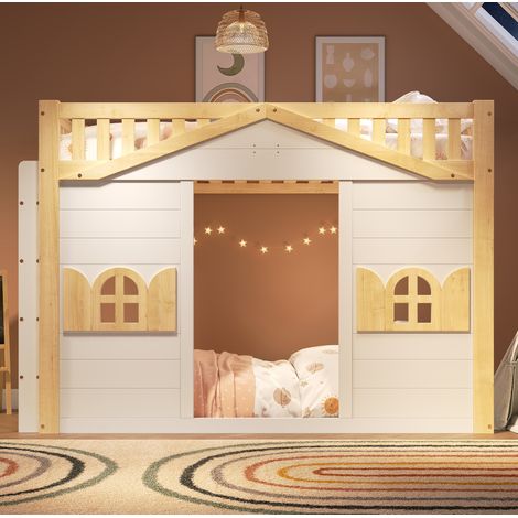 Letto bambino 90x200 cm in legno con scala, forma casetta, bianco e naturale OKMYHOME (1/5)