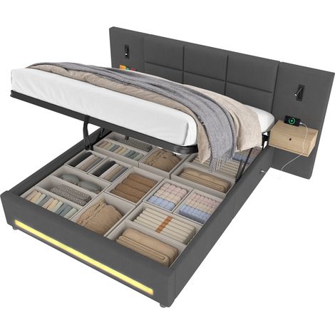 Lit coffre 180x200 en velours gris foncé avec tête de lit à rangement, LED, veilleuses latérales, ports USB-C et cadre métal, chambre adulte  CHICFURN (1/5)