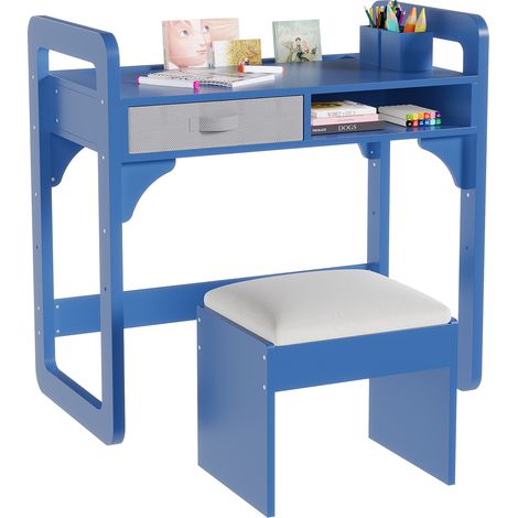Ensemble bureau et chaise enfant en bois – Tiroirs en tissu spacieux – Porte-stylos intégré – Idéal pour étude, dessin, devoirs à la maison ou chambre – Mobilier ergonomique – Couleur bleu (1/5)
