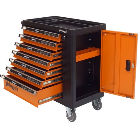 Holmwerk® Werkstattwagen leer 8 Schubladen 84 x 46 x 90 cm orange-schwarz mit Seitentür