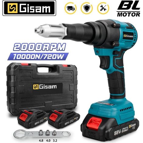Gisam – Riveteuse électroportative automatique 10000N – Moteur sans balais – Rivets 2,4 à 4,8mm – 2 batteries 3000mAh – Vitesse 0-1600tr/min (1/5)