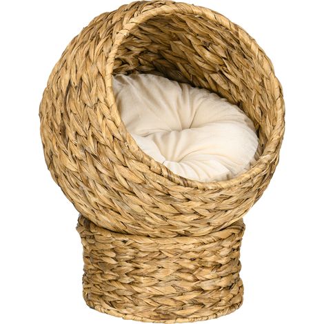 Geflochtener Katzenkorb aus Wasserhyazinthe – gemütliches Versteck und Haus mit integriertem Kissen, bequemes Katzenbett in Braun, Maße: 40 × 37 × 51 cm