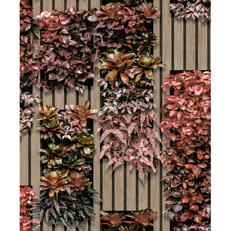 Papier peint végétal mural rouge et bois (1/3)