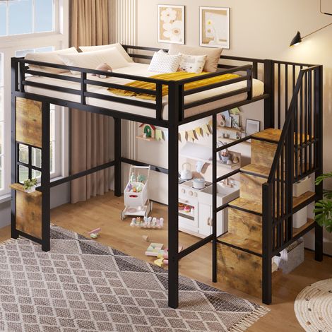 Lit mezzanine enfant 140x200cm en métal avec échelle rangement, fenêtre,garde corps,rangement ouvert sous le lit,cadre de lit superposé double,Noir (1/5)