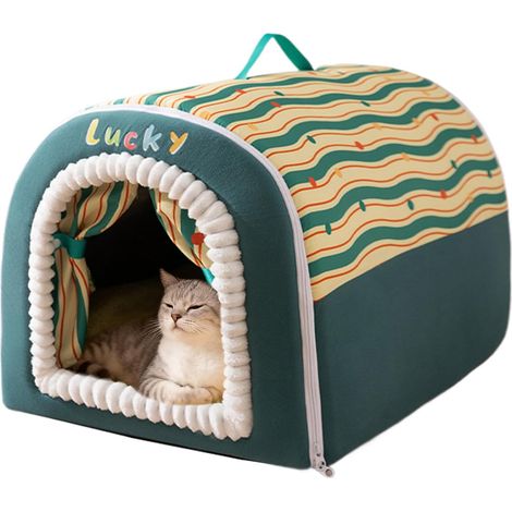 Cosy Cat House "Lucky" en vert avec rideau et poignée – Nid d'animal lavable pour chats et petits chiens (S, 35 x 30 x 30 cm, jusqu'à 3,5 kg)