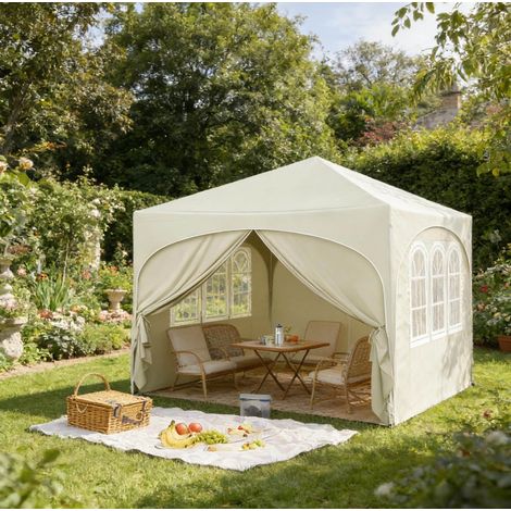 Tonnelle pliante 300x300x256 cm en fer et tissu Oxford beige, avec parois, pour jardin – MEUBLIV (1/5)