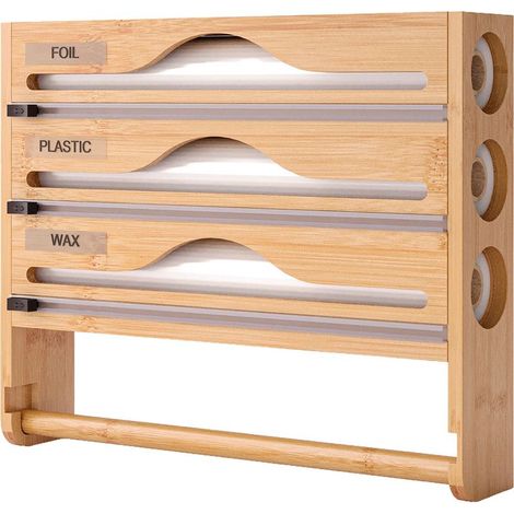 Support mural 4 en 1 bambou pour essuie-tout, film, aluminium, papier cuisson, 30×35,5×7 cm, naturel