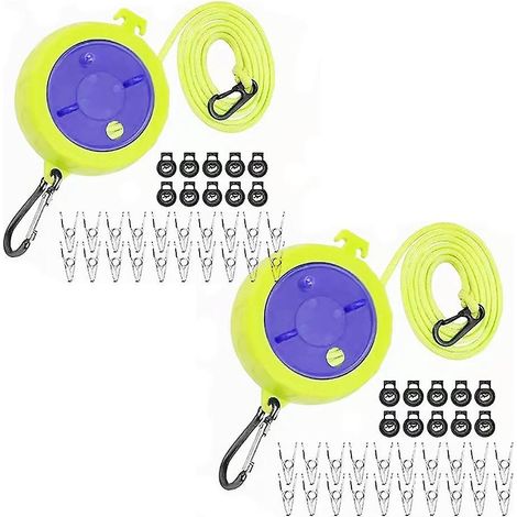 lot De 2 10m Corde A Linge Retractable Avec 20 Boucles Fixes Et 40 Pinces Coupe-vent, Corde Linge Portable, Pour Camping, Pour Vacances En Plein (1/4)