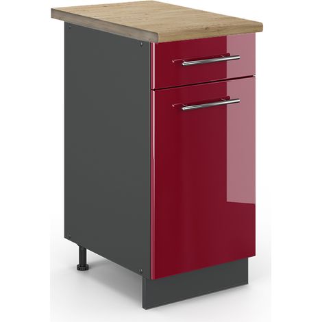 Meuble cuisine Fame-Line, Rouge bordeaux Haute brillance, 40 cm , PT Chêne, Vicco (1/5)