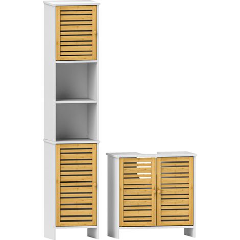 HOMCOM conjunto de baño incluye 1 mueble bajo lavabo 1 columna de baño estrecha con puertas de bambú y estantes ajustables blanco y natural (1/5)