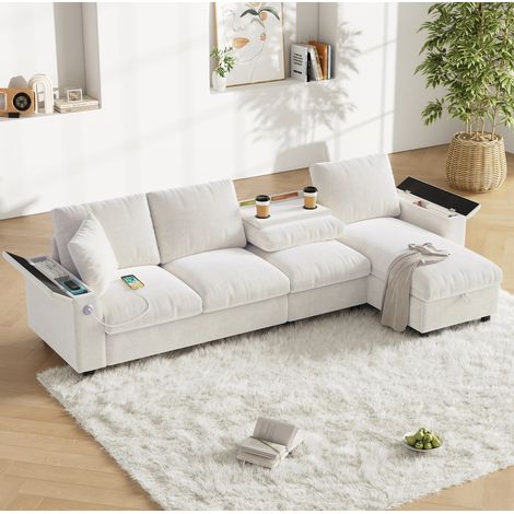 Divano angolare letto 280x137x84 cm, tavolino ribaltabile, contenitore nei braccioli, tessuto chenille beige (1/5)