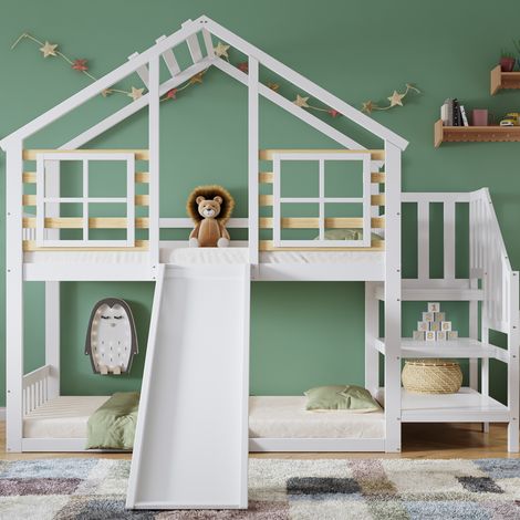 Lits Superposés En Bois - 90 X 200 cm - Avec Escalier - Toboggan Et Fenêtre - Protection Antichute - Blanc (1/5)