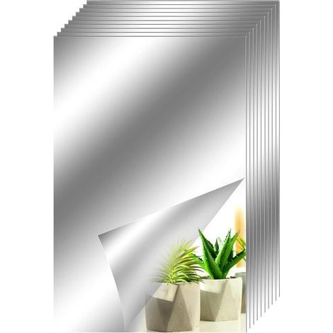 10 pegatinas para espejos, espejos decorativos adhesivos, cuadrados plateados, espejos decorativos autoadhesivos de mosaico removibles para baño, sala de estar, dormitorio, 15 cm × 25 cm (1/4)