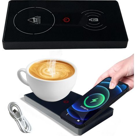 Chauffe-Tasse, Intelligent Chauffe-Boisson, 2 en 1 avec Charge sans Fil, USB 55 °C Chauffe-café à température constante, Dessous de Verre, Chargeur sans Fil pour Bureau, Usage (Noir) (1/5)