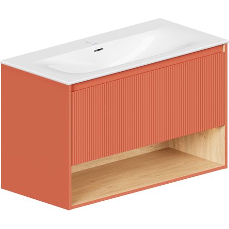 BERNSTEIN - Mobile lavabo sospeso MDF Albicocca opaco, lavabo DURAVIT Bianco lucido + foro rubinetto, troppopieno, piletta - 103x49x62cm - BELDIVO Albicocca opaco (1/5)