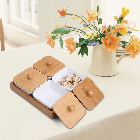 Vierfach unterteilte Keramik-Vorspeisenplatte mit Bambusdeckel – Ideal für Obst, Nüsse und Desserts (1/4)