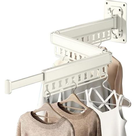 Séchoir à linge mural rétractable à 3 niveaux, avec trous coupe-vent et design amovible, idéal pour balcon et salle de bain (blanc) (1/4)