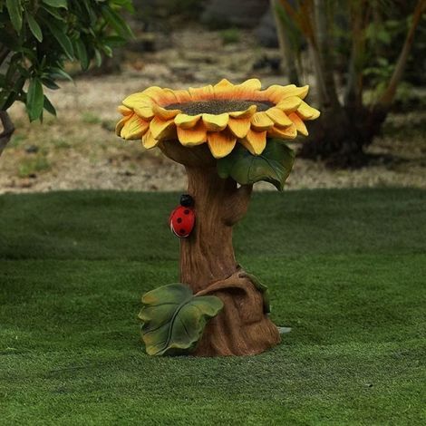 Bain Pour Oiseaux - Bac En Résine Poly - Pied Marron - Design Tournesol - Usage Extérieur Jardin - 1 Pièce (1/5)