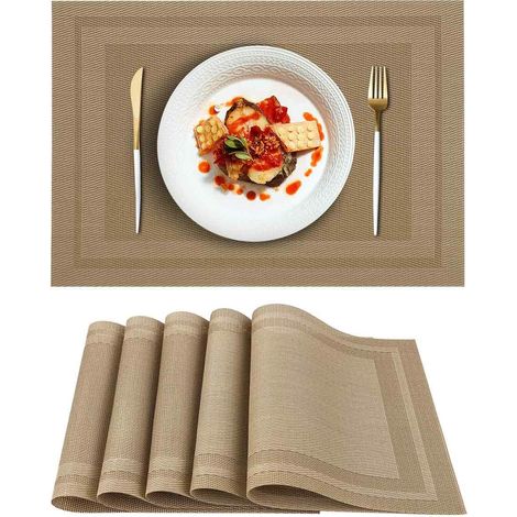 Juego de 6 salvamanteles, PVC antideslizante, resistentes al calor, 45x30 cm, color beige, para mesa de comedor. (1/5)