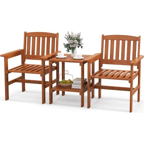 COSTWAY Set di 3 Pezzi da Giardino, Tavolino e 2 Sedie da Patio in Legno, con Foro per Ombrellone, Set di Mobili da Esterno a 3 Pezzi per Giardino, Tavolino Portato 35 kg, Sedia Portata 120 kg (1/5)