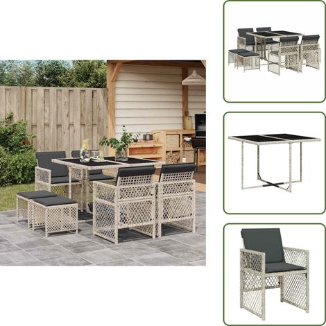9-tlg. Garten-Essgruppe mit Kissen Hellgrau Poly Rattan - Gartenmöbel - Essgruppen - Rattan Möbel - Outdoor Möbel - Balkonmöbel (1/5)