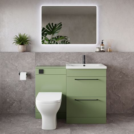 Napoli 460 Olive Green 1100mm 2 Drawer Vanity Unit Toilet Suite with Glide Basin - 1100mm - Matt Black 320mm HandleWith Kingston Toilet Pan and Seat