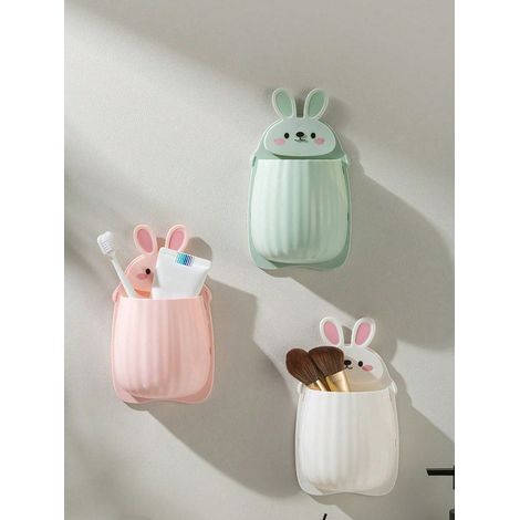 1 pièce Boîte de rangement lapin cartoon, porte-serviettes pour salle de bain sans perçage, pour ranger brosses à dents, dentifrice et articles ménagers, une rose (1/4)