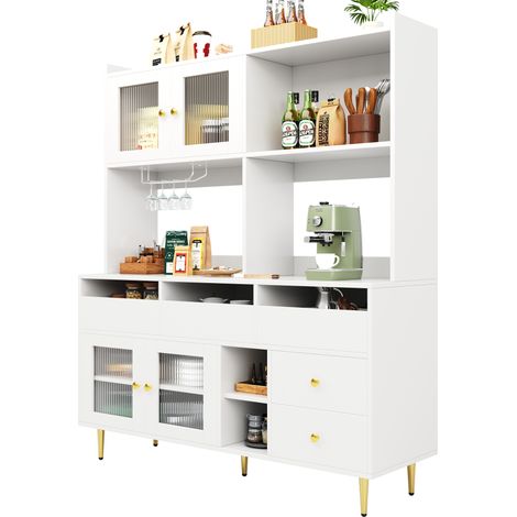 CHICFURN Credenza vetrina 145 x 39 x 171 cm in MDF bianco, vetro rigato e portabicchieri (1/5)