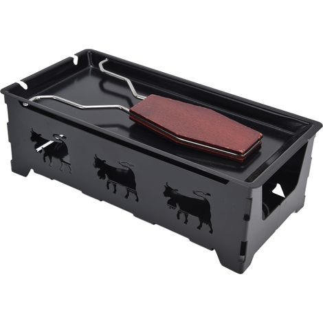 Poêle à raclette en fer avec manche en bois, antiadhésif, noir, design portable pour fondue et cuisson uniforme (1/4)