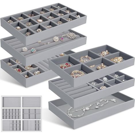 6 Pièces Plateaux Bijoux Velours, Organisateur Bijoux Empilable, Jewelry Organizer, Organiseur Rangement Tiroir pour Ranger et Présenter Colliers, Bagues, Boucles Oreilles, Bracelet (Gris) (1/5)