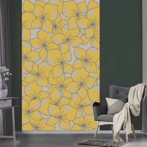 Papier peint intissé panoramique, motif fleur de capucine jaune sur fond gris, 250 cm X 150 cm. (1/2)