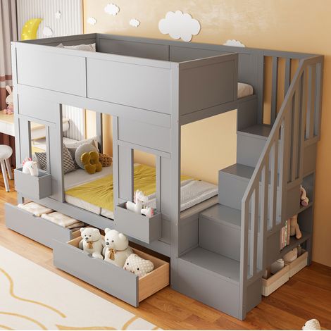 Letto a soppalco per bambini moderno in legno grigio 90x200 cm con scala contenitore, cassetti, finestrelle e sponde