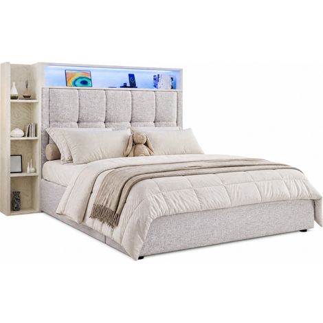 Lit coffre 90x200 cm en tissu beige avec LED, ports USB et USB-C, rangement hydraulique, tête de lit rembourrée, sans matelas, pour chambre moderne CHICFURN (1/5)