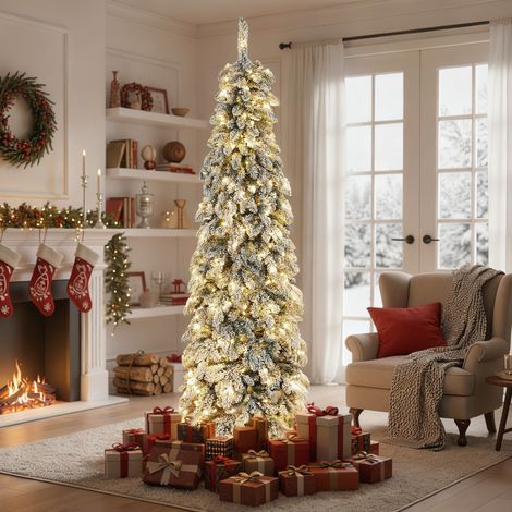 Design Sapin de Noël étroit 225 cm avec lumières LED bicolores 11 modes d’éclairage Minuterie 800 branches vertes (1/4)
