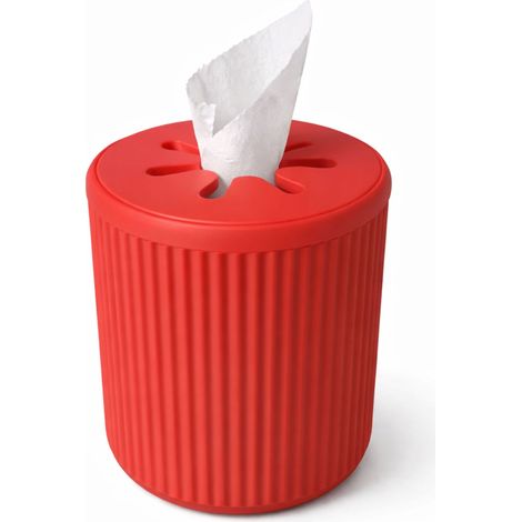 Scatola di fazzoletti rossa con rotolo di carta e organizer scanalato.