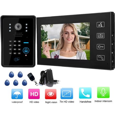 Ej.Life – Interphone vidéo 7' avec écran LCD couleur – Vision nocturne infrarouge – 5 cartes RFID – Installation facile pour appartements et bureaux