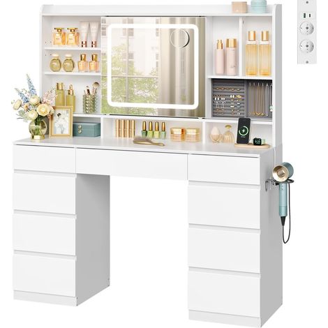WOLTU Coiffeuse avec Miroir LED Coulissant, Grande Coiffeuse avec 9 Tiroirs, Luminosité Réglable, en Bois, Blanc (1/5)
