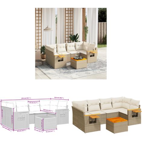 7-tlg. Garten-Sofagarnitur mit Kissen Beige Poly Rattan - Gartenmöbel - Esszimmergarnituren - Rattan Möbel - Outdoor Furniture - Lounge Set - Home & Living (1/3)