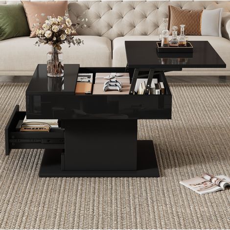 Tavolino nero 70x70x45 cm, piano sollevabile girevole 360°, 1 cassetto, MEUBLIV (1/5)