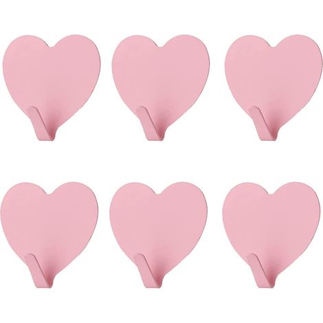 Lot de 6 crochets muraux décoratifs en forme de cœur, adaptés à la maison, la cuisine, la salle de bain et le bureau (rose clair)