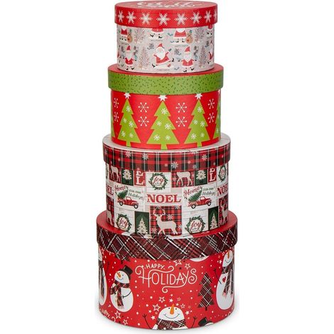 4er Set Geschenkboxen rund mit Deckel, stapelbar, für Geburtstage & Weihnachten (1/5)