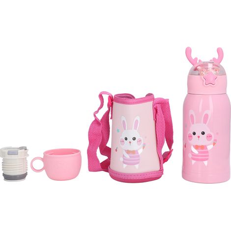 Isolierbecher für Kinder, 500 ml, mit Edelstahlstrohhalm und Temperaturanzeige – Rosa Hase (1/5)